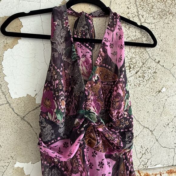 Y2K Bisou Bisou Halter Top Floral Chiffon Sheer Boho Going Out Tank Womens 6 - Picture 4 of 7
